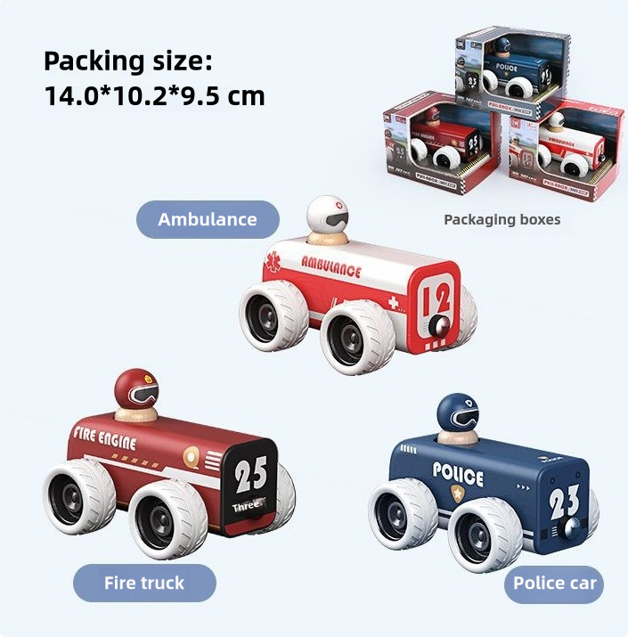 Wooden Emergency Vehicle Toy Set – Fire Truck, Police Car & Ambulance Pull-Back Cars