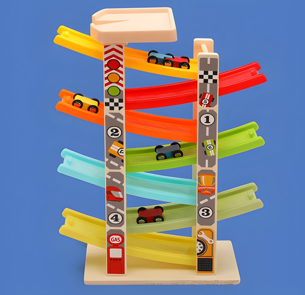 Wooden 7-Layer Racing Glide Track for Kids – Fast Rolling Cars & Visual Tracking Playset