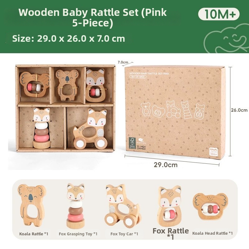 Elegant Wooden Baby Toy Set – Montessori-Inspired Rattles & Activity Blocks
